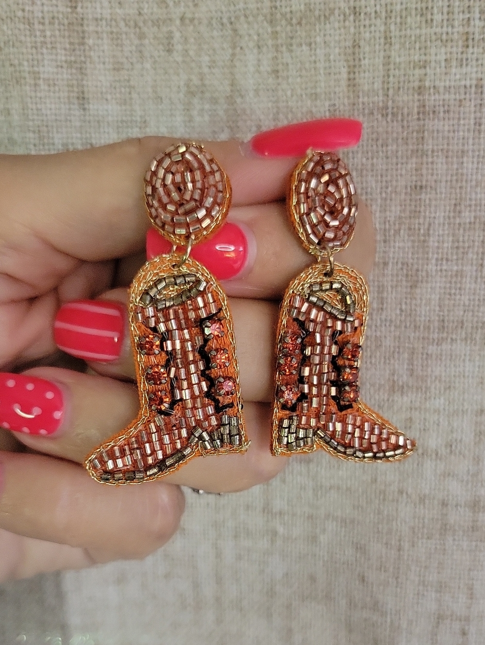 Vintage Beaded Cowboy Boot Statement Earrings - Orange Metallic